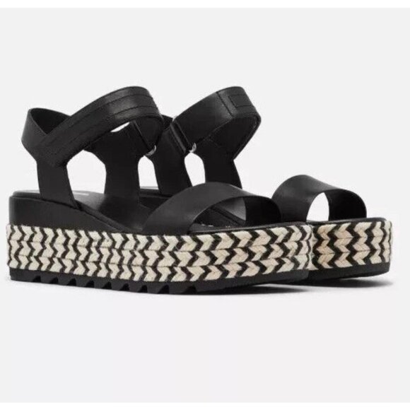 SOREL Cameron Women's Sz 7.5 Platform Sandal Black Tan Saw Blade Sole Espadrille - Picture 1 of 8
